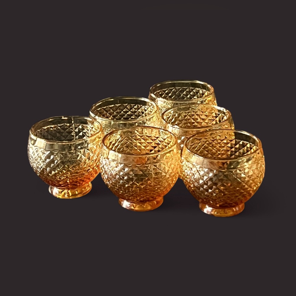 (6) VINTAGE Italy MCM Amber Diamond roly poly style mini Cordial shot Glasses